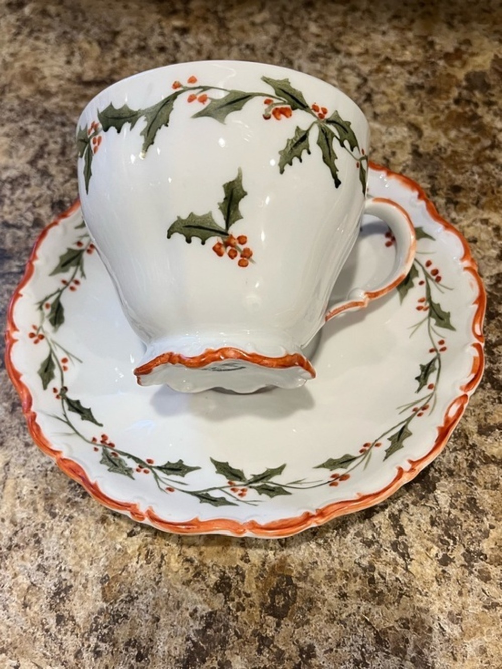 Holiday Hand Painted Holly Teacup and Saucer Set Seltmann Weiden Bavaria
